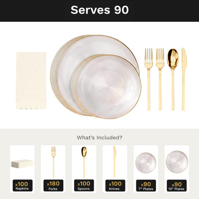 Clear Luster Ultimate Set | Plates, Gold Cutlery & Napkins | Serves 90