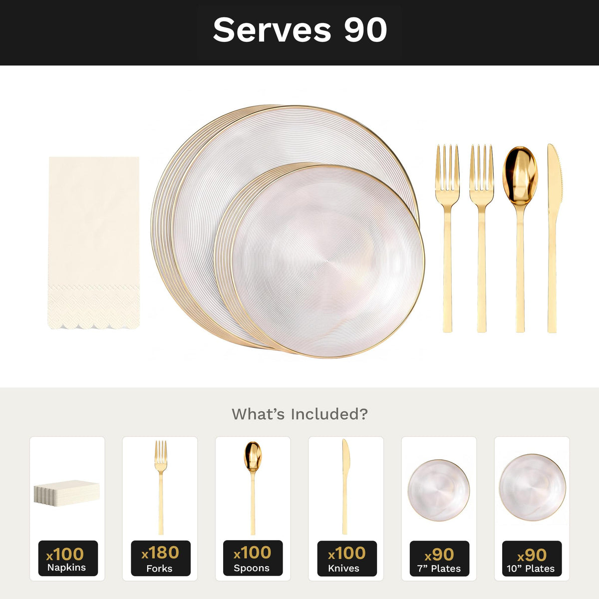 Clear Luster Ultimate Set | Plates, Gold Cutlery & Napkins | Serves 90