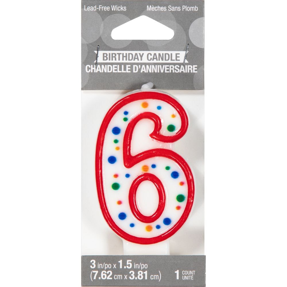 Number 6 Outline Wax Candle, Multi-Colored Polka Dots - Pack of 12