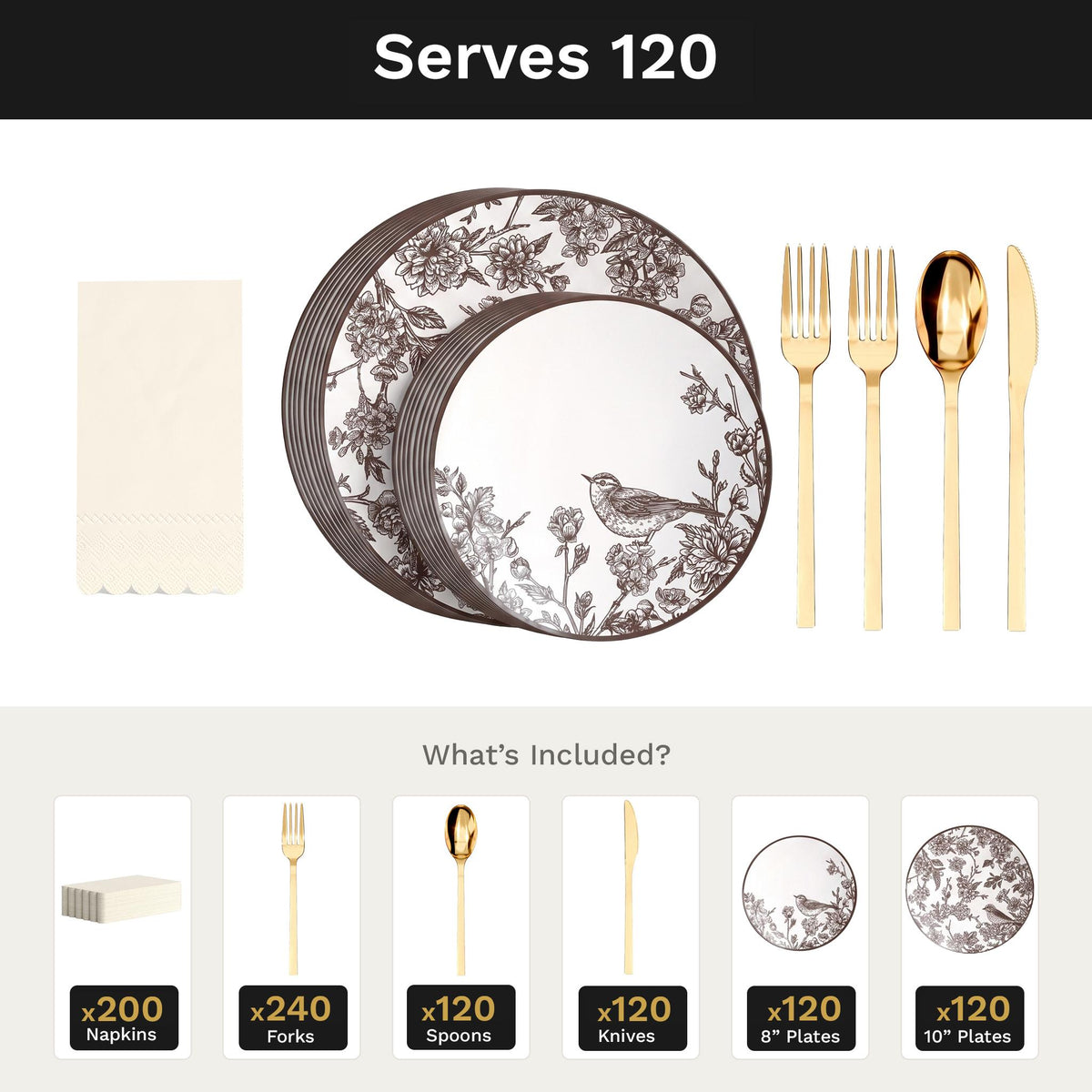Rustik Ultimate Set | Plates, Gold Cutlery & Napkins | Serves 120