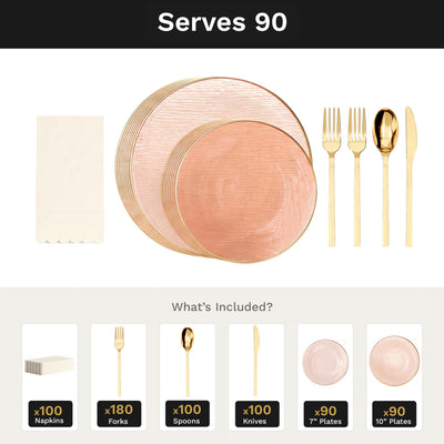 Pink Weave Ultimate Set | Plates, Gold Cutlery & Napkins | Serves 90