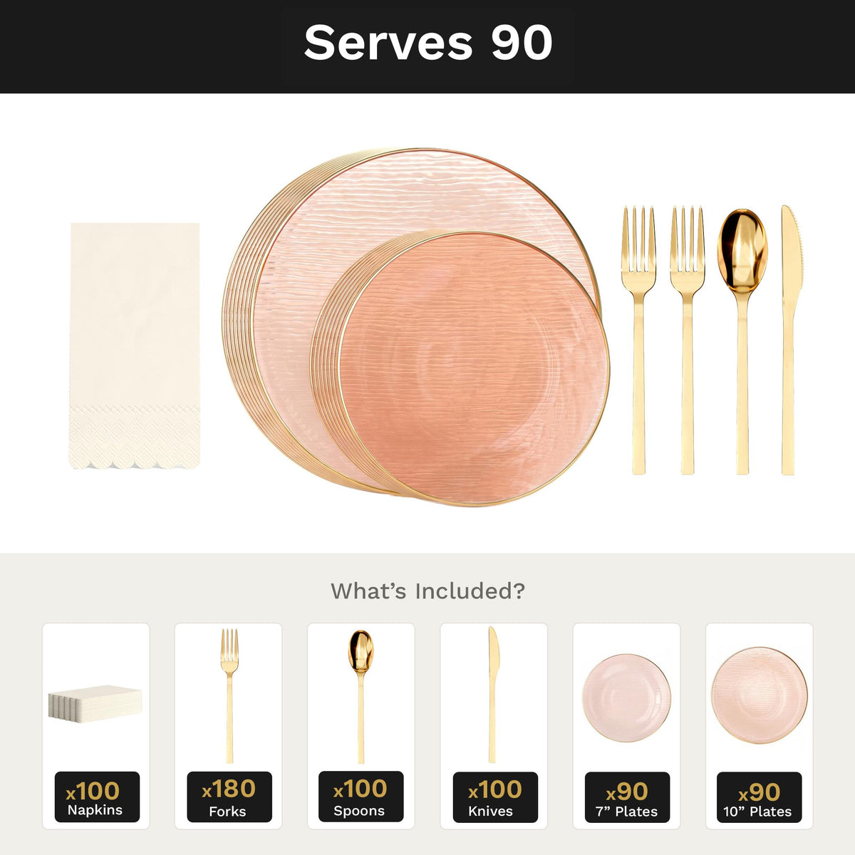 Pink Weave Ultimate Set | Plates, Gold Cutlery & Napkins | Serves 90