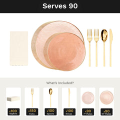 Pink Weave Ultimate Set | Plates, Gold Cutlery & Napkins | Serves 90