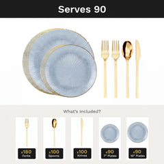 Blue Burst Deluxe Set | Plates & Gold Cutlery | Serves 90