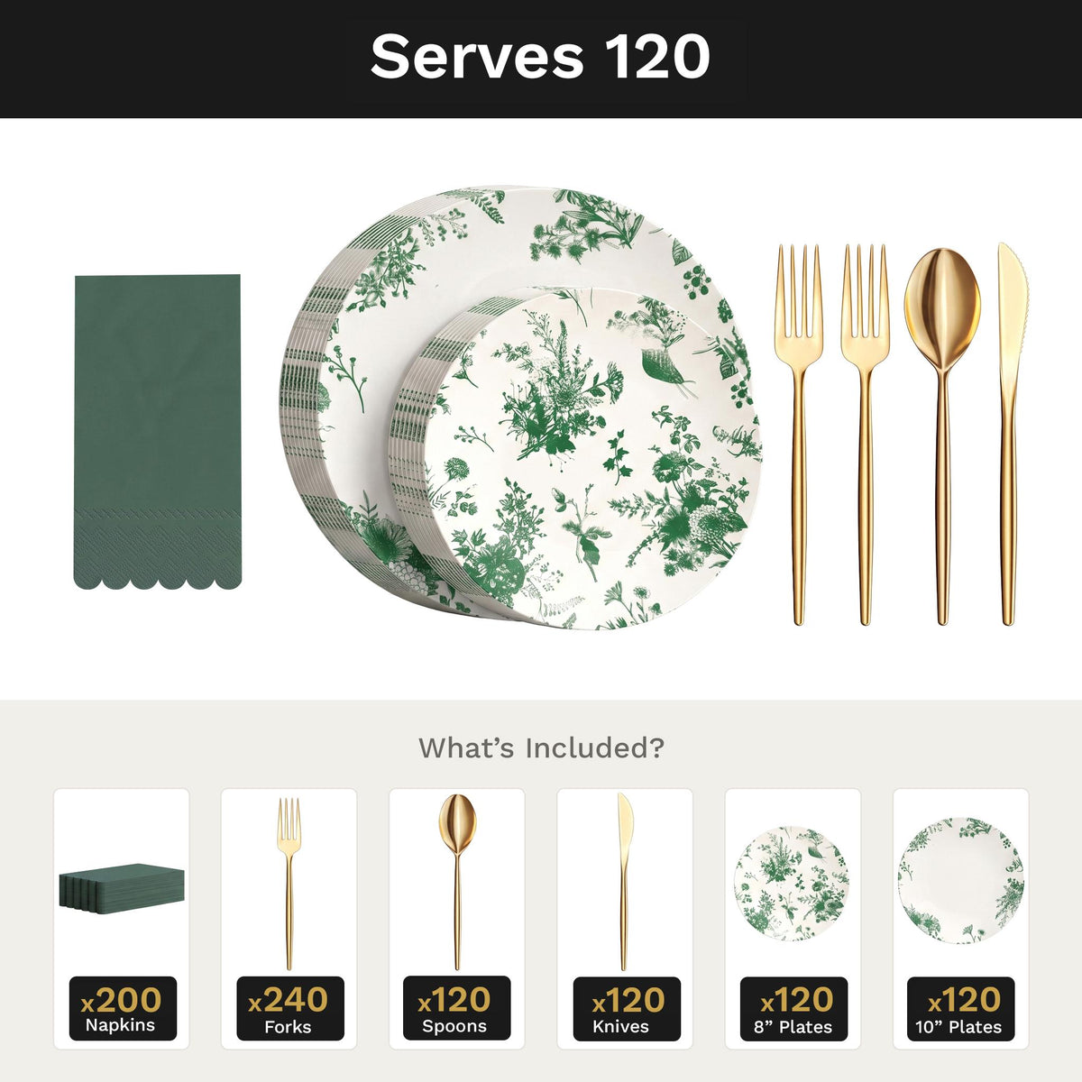 Verdure Ultimate Set | Plates, Gold Cutlery & Napkins | Serves 120