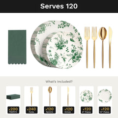Verdure Ultimate Set | Plates, Gold Cutlery & Napkins | Serves 120