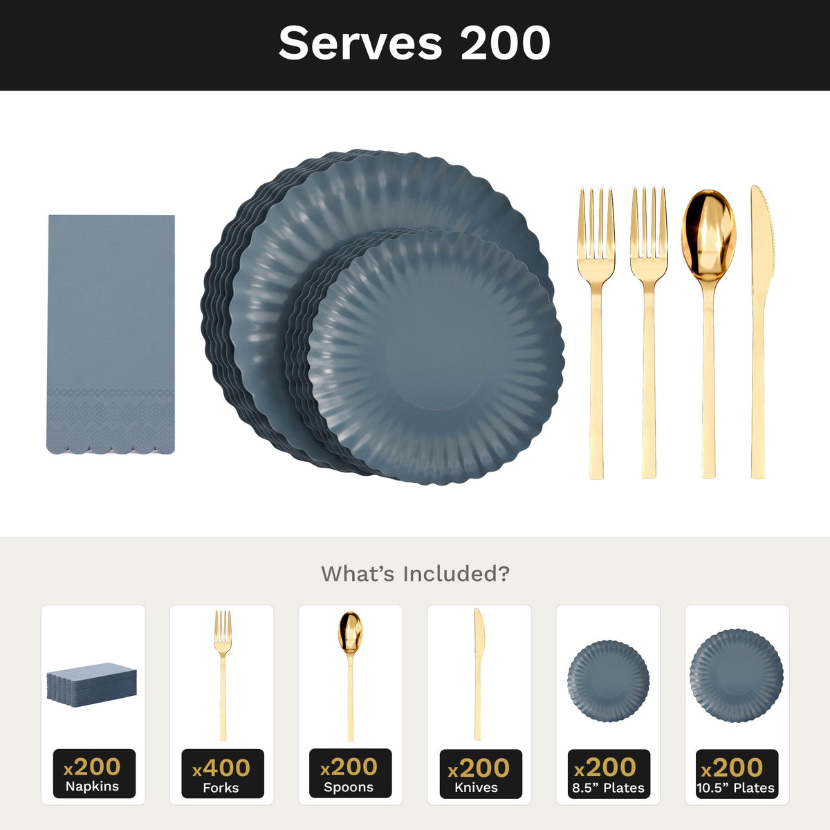 Scalloped Slate Blue Ultimate Set | Plates, Gold Cutlery & Napkins | Serves 200