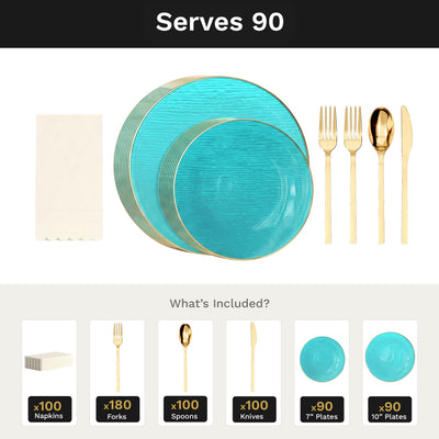 Turquoise Weave Ultimate Set | Plates, Gold Cutlery & Napkins | Serves 90