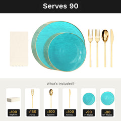 Turquoise Weave Ultimate Set | Plates, Gold Cutlery & Napkins | Serves 90