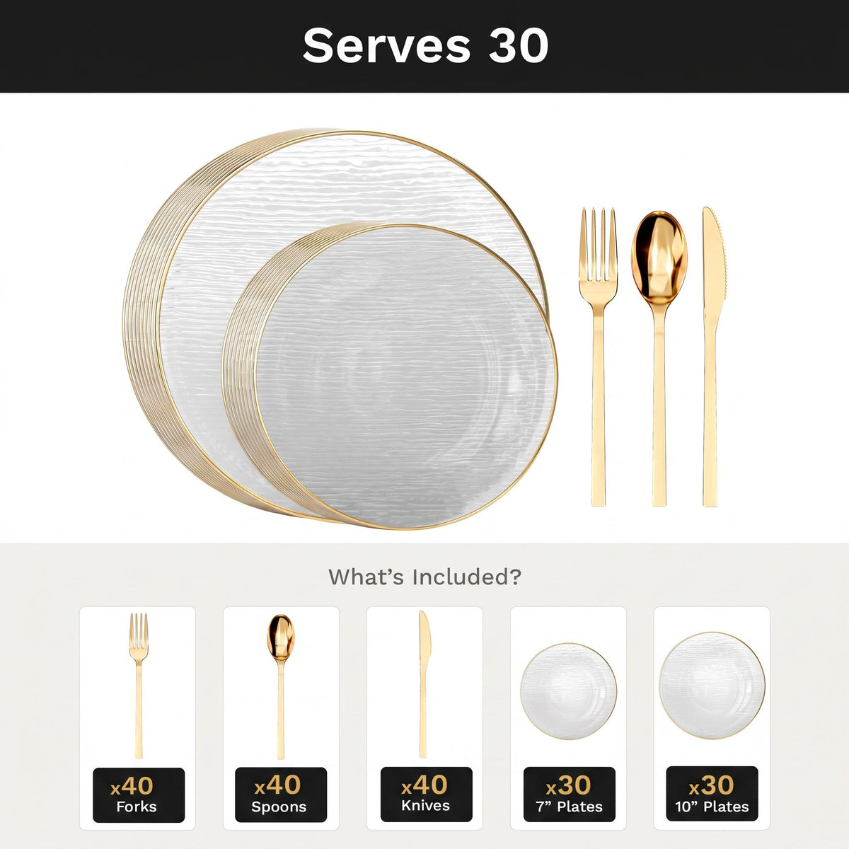 Clear Weave Deluxe Set | Plates & Gold Cutlery | Serves 30