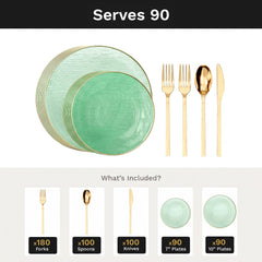 Green Weave Deluxe Set | Plates & Gold Cutlery | Serves 90