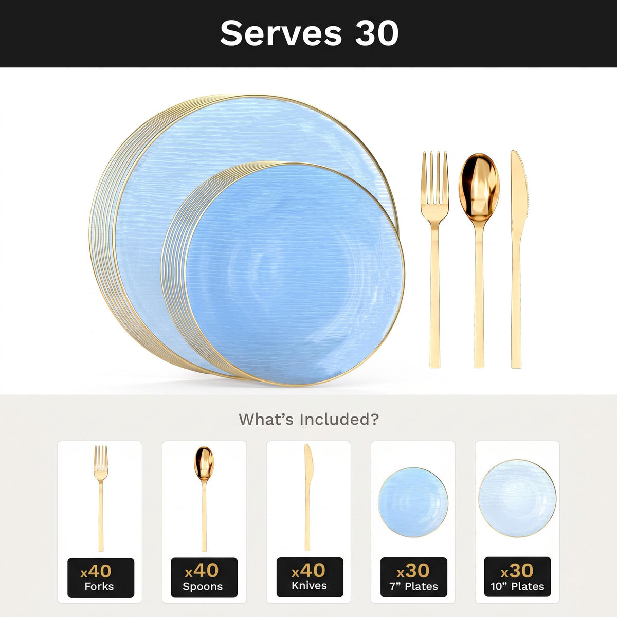 Blue Weave Deluxe Set | Plates & Gold Cutlery | Serves 30