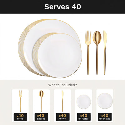 Classic Gold Deluxe Set | Plates & Gold Cutlery | Serves 40