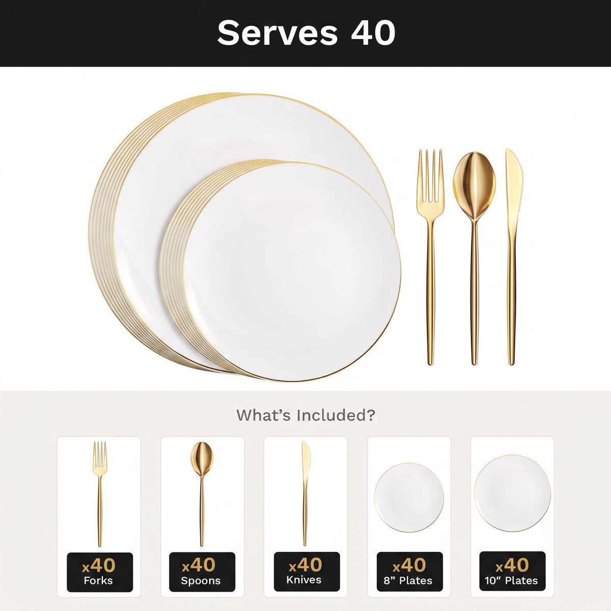 Classic Gold Deluxe Set | Plates & Gold Cutlery | Serves 40