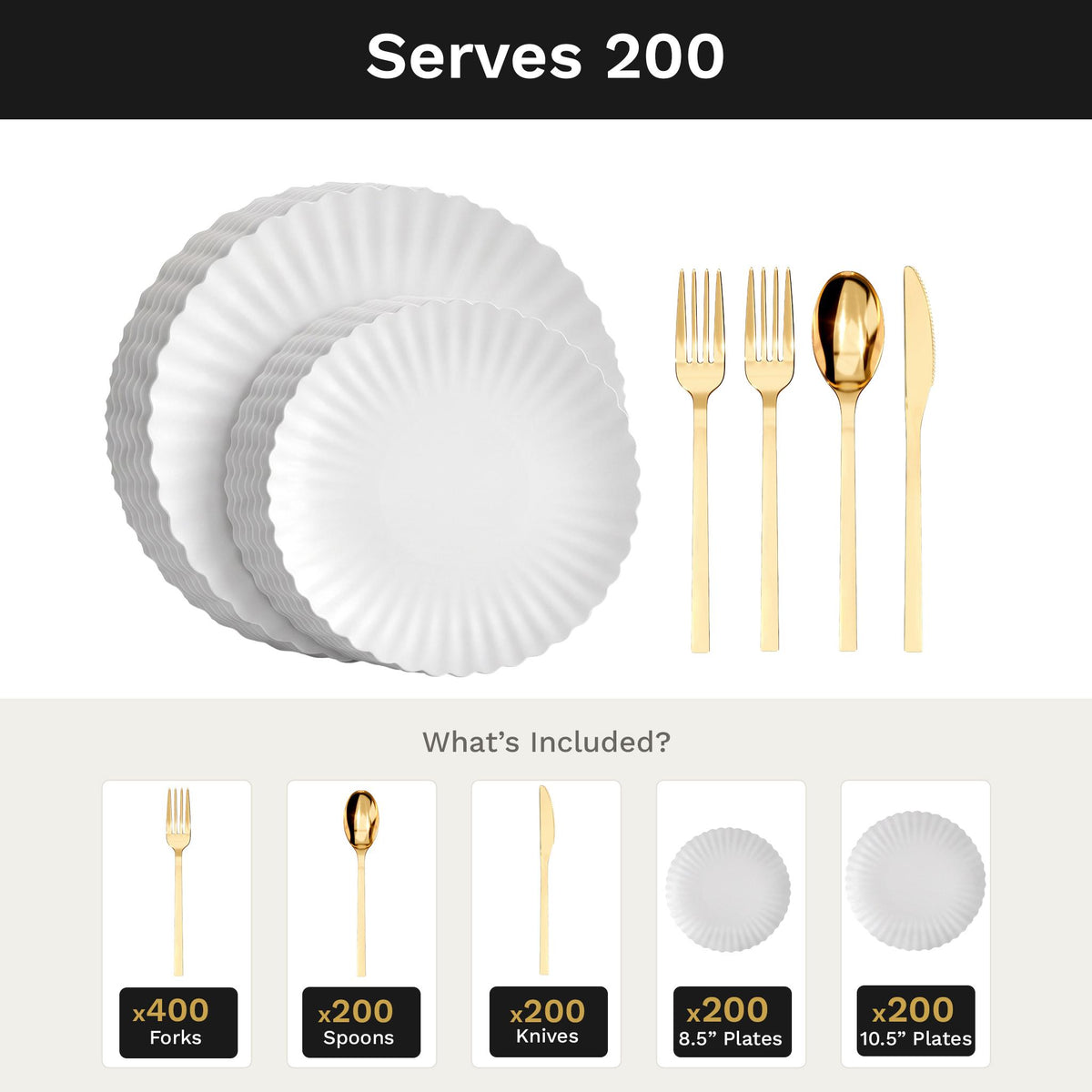 Scalloped Snow Deluxe Set | Plates & Gold Cutlery | Serves 200