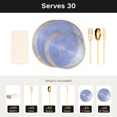 Blue Luster Ultimate Set | Plates, Gold Cutlery & Napkins | Serves 30