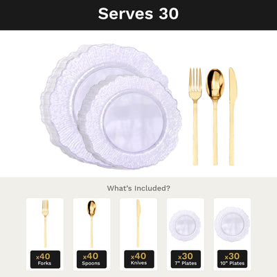 Purple Leaf Deluxe Set | Plates & Gold Cutlery | Serves 30