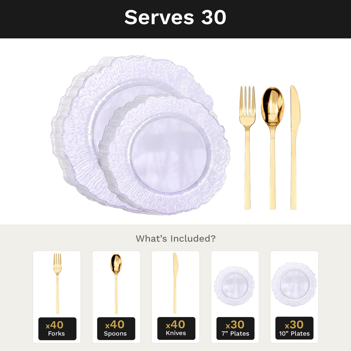 Purple Leaf Deluxe Set | Plates & Gold Cutlery | Serves 30