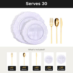 Purple Leaf Deluxe Set | Plates & Gold Cutlery | Serves 30