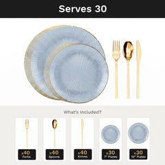 Blue Burst Deluxe Set | Plates & Gold Cutlery | Serves 30