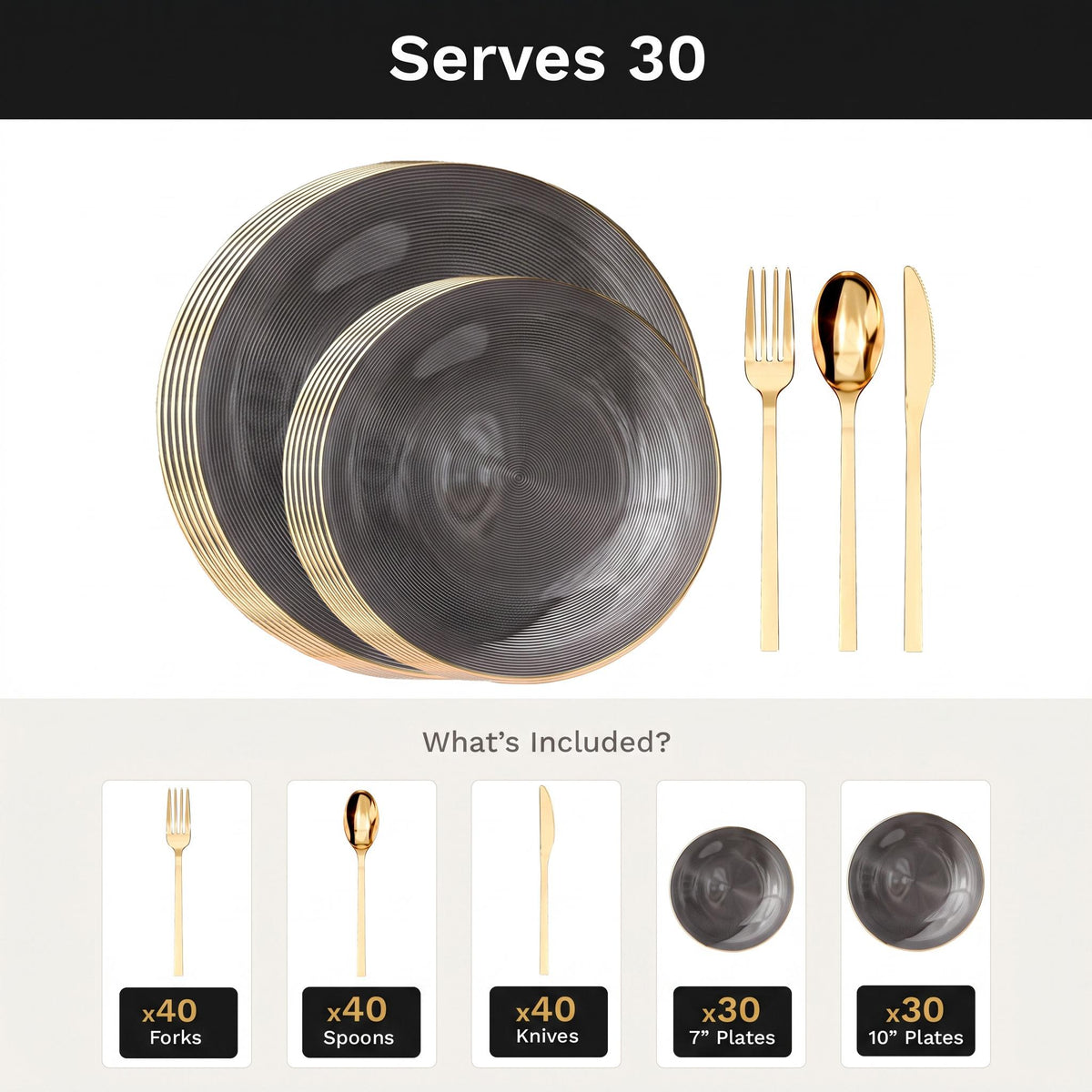 Smoke Luster Deluxe Set | Plates & Gold Cutlery | Serves 30