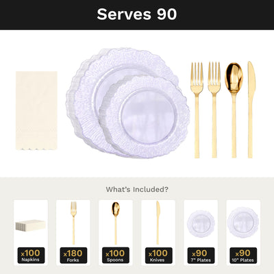 Purple Leaf Ultimate Set | Plates, Gold Cutlery & Napkins | Serves 90