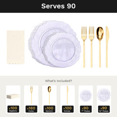 Purple Leaf Ultimate Set | Plates, Gold Cutlery & Napkins | Serves 90