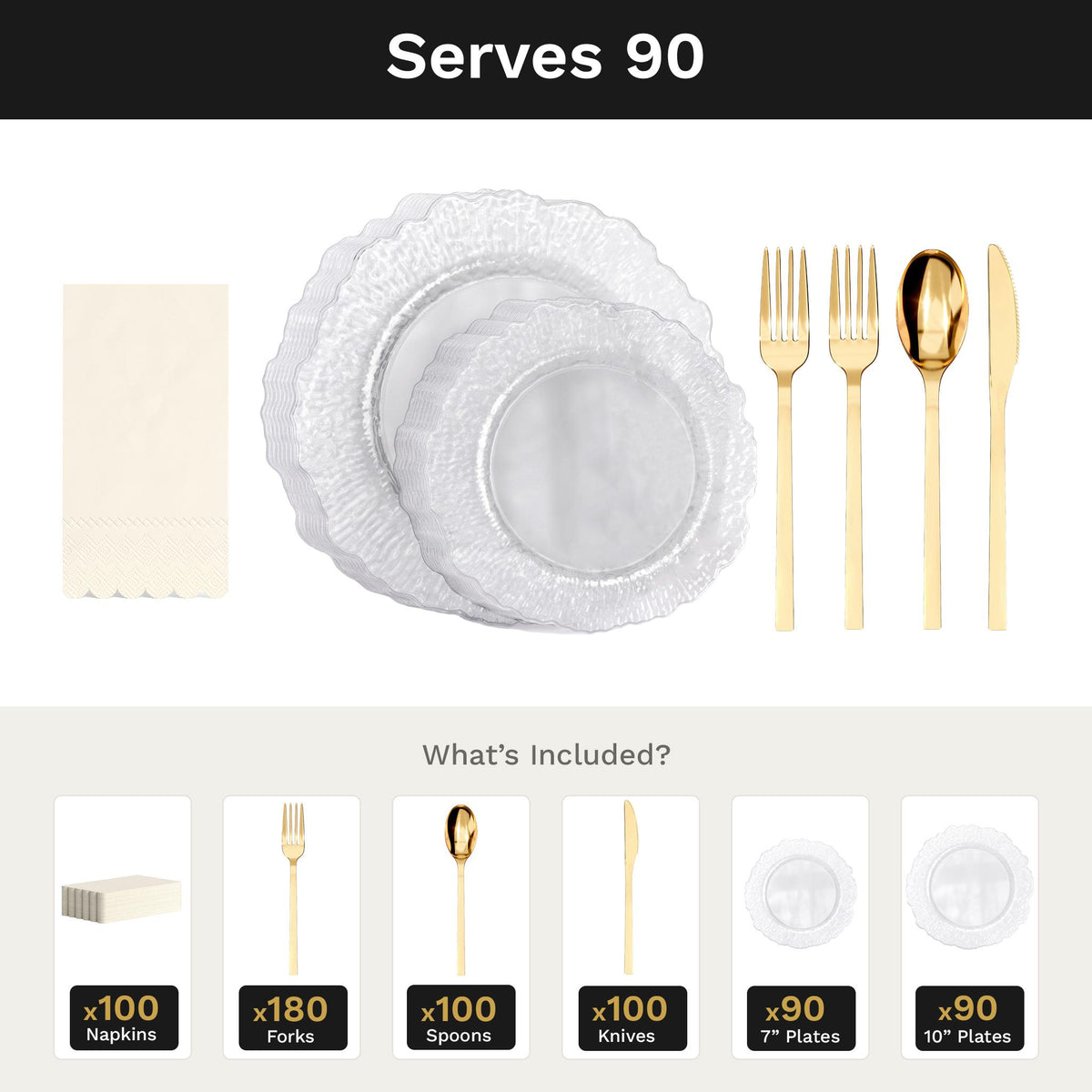 Clear Leaf Ultimate Set | Plates, Gold Cutlery & Napkins | Serves 90