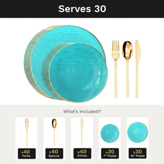 Turquoise Weave Deluxe Set | Plates & Gold Cutlery | Serves 30