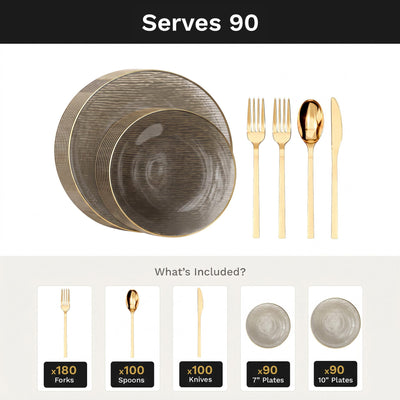 Smoke Weave Deluxe Set | Plates & Gold Cutlery | Serves 90
