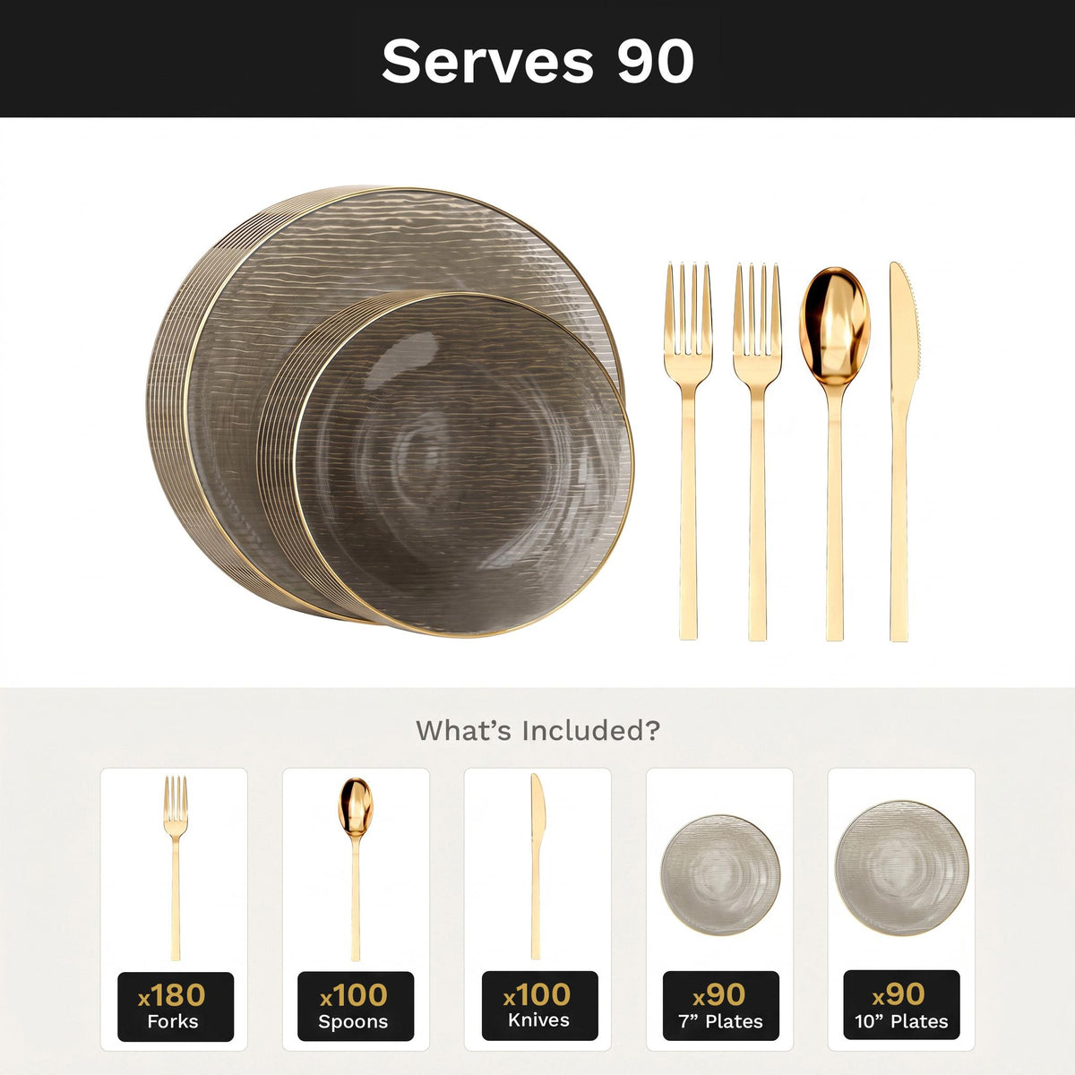 Smoke Weave Deluxe Set | Plates & Gold Cutlery | Serves 90