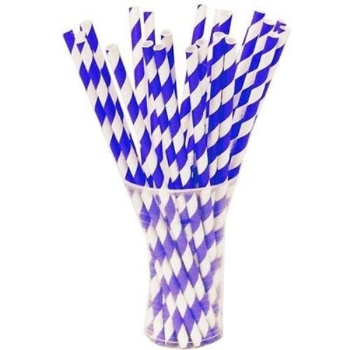 Bright Blue Striped Paper Straws | 100 Count