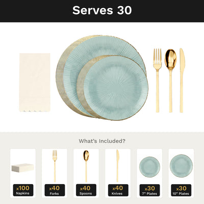 Green Burst Ultimate Set | Plates, Gold Cutlery & Napkins | Serves 30