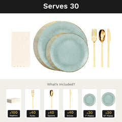 Green Burst Ultimate Set | Plates, Gold Cutlery & Napkins | Serves 30