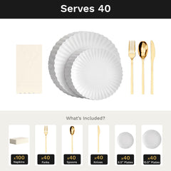 Scalloped Snow Ultimate Set | Plates, Gold Cutlery & Napkins | Serves 40