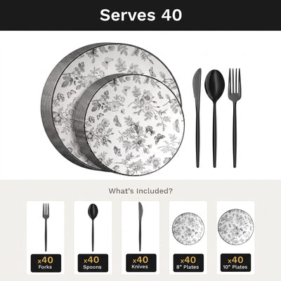 Classic Botanical Deluxe Set | Plates & Black Cutlery | Serves 40