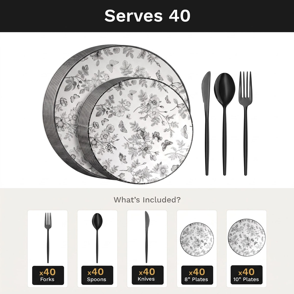 Classic Botanical Deluxe Set | Plates & Black Cutlery | Serves 40