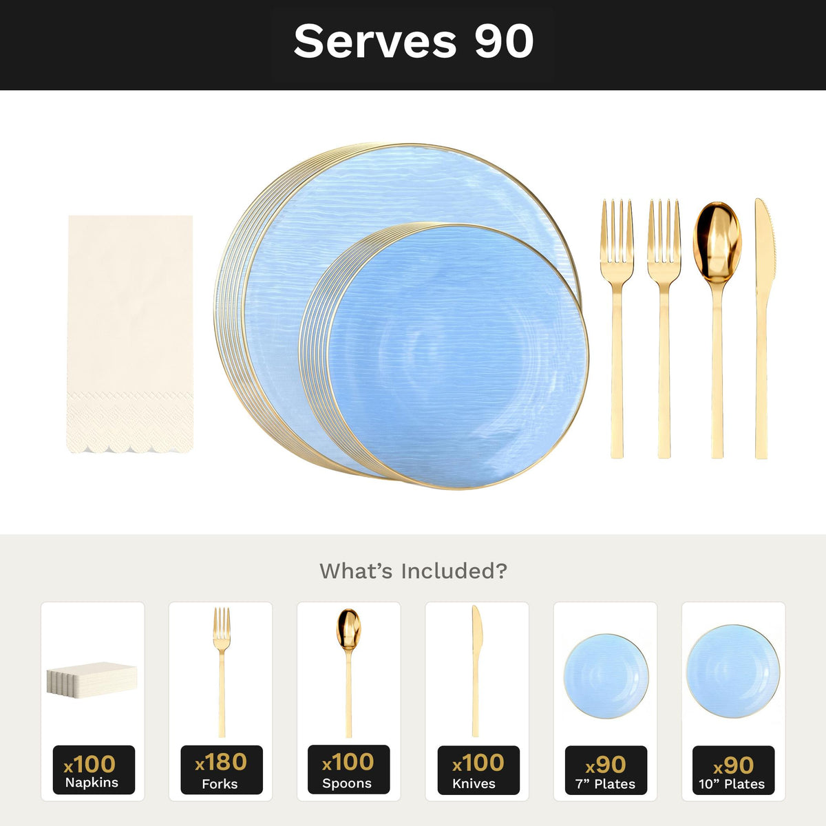 Blue Weave Ultimate Set | Plates, Gold Cutlery & Napkins | Serves 90