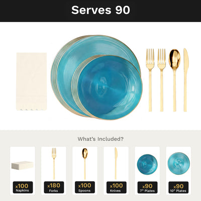 Turquoise Luster Ultimate Set | Plates, Gold Cutlery & Napkins | Serves 90
