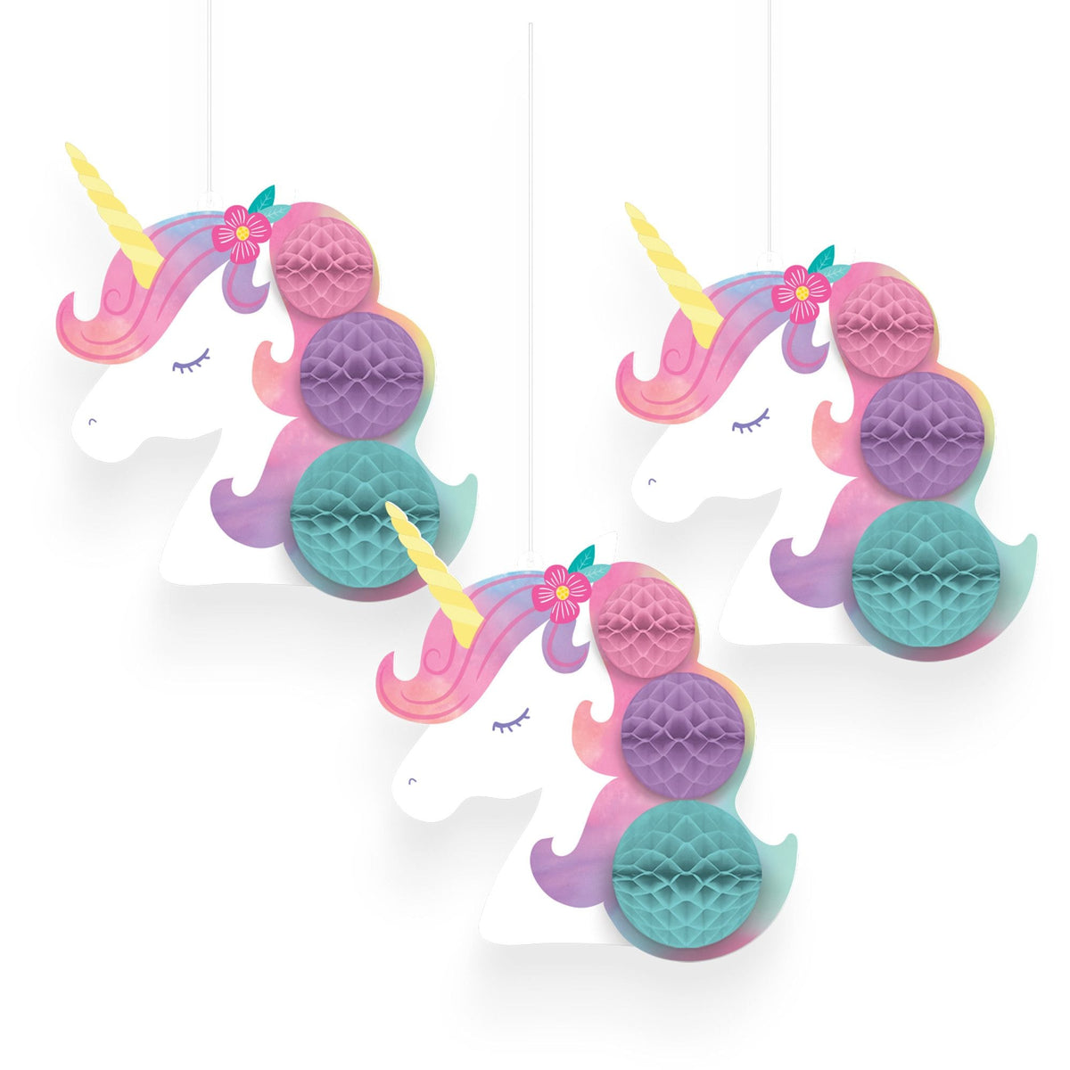 Unicorn Honeycomb Hanging Decorations, Pink/Blue, 9-inch, 3-ct - Pack of 6