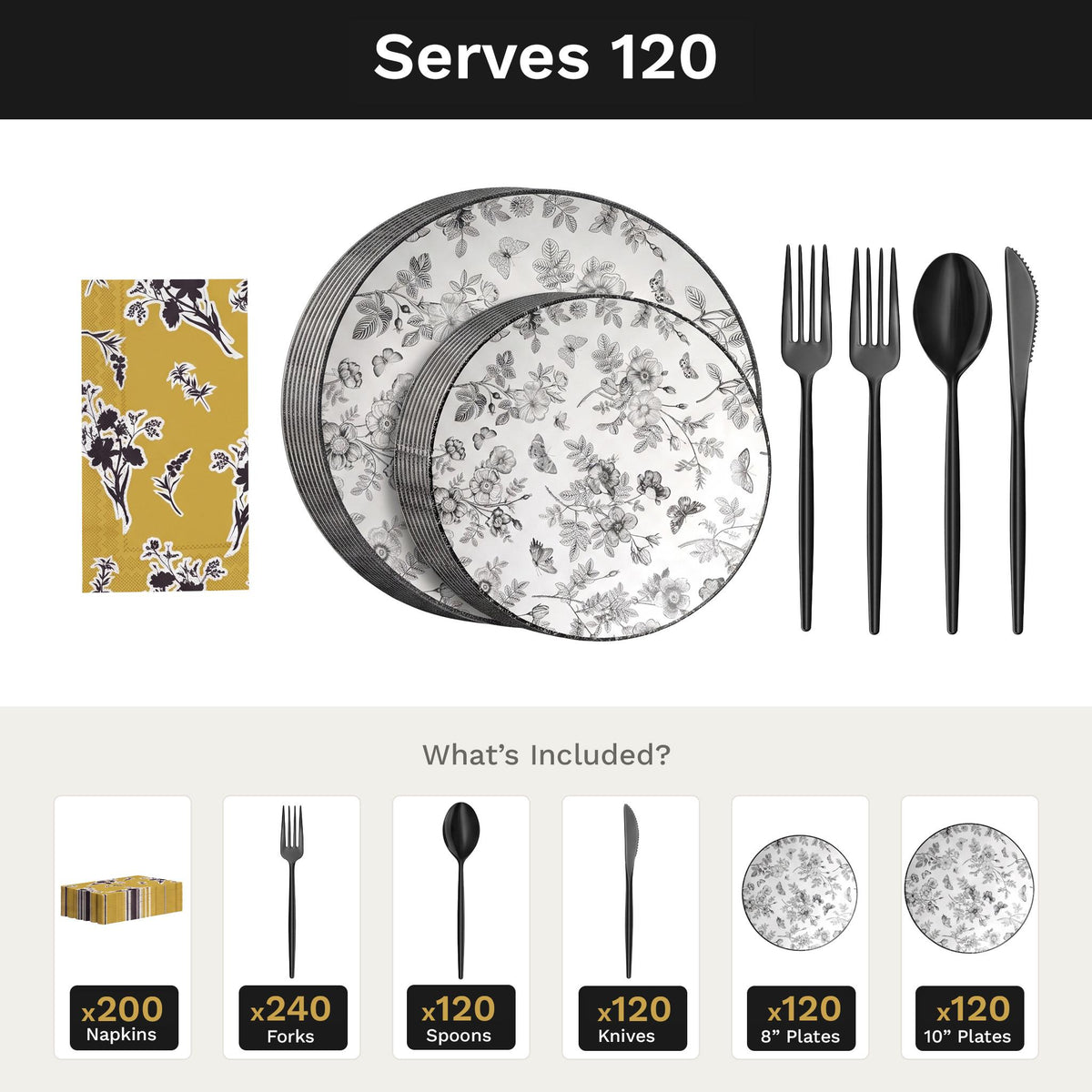 Classic Botanical Ultimate Set | Plates, Black Cutlery & Napkins | Serves 120