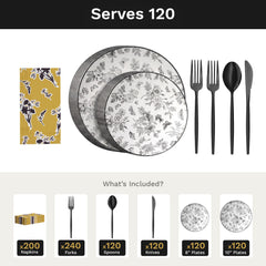Classic Botanical Ultimate Set | Plates, Black Cutlery & Napkins | Serves 120