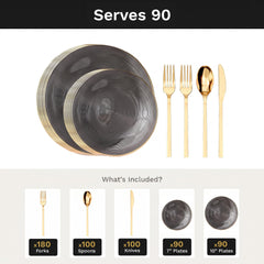 Smoke Luster Deluxe Set | Plates & Gold Cutlery | Serves 90
