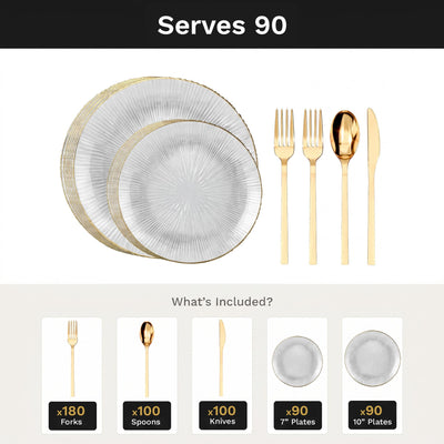 Clear Burst Deluxe Set | Plates & Gold Cutlery | Serves 90