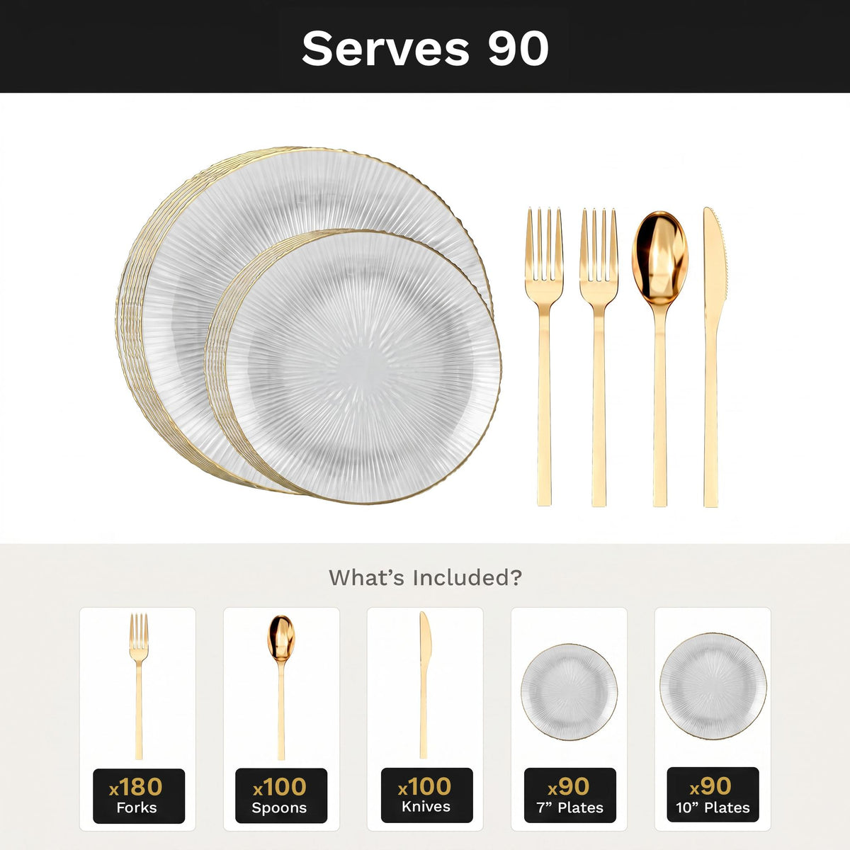Clear Burst Deluxe Set | Plates & Gold Cutlery | Serves 90