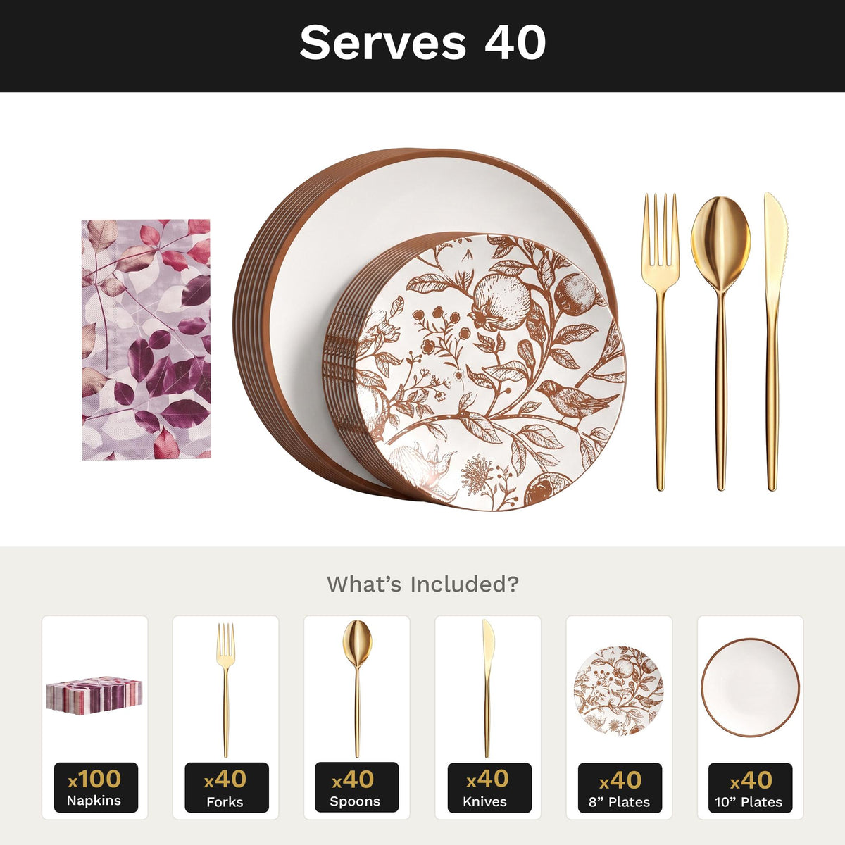 Pomegranate Ultimate Set | Plates, Gold Cutlery & Napkins | Serves 40