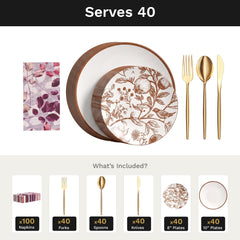 Pomegranate Ultimate Set | Plates, Gold Cutlery & Napkins | Serves 40