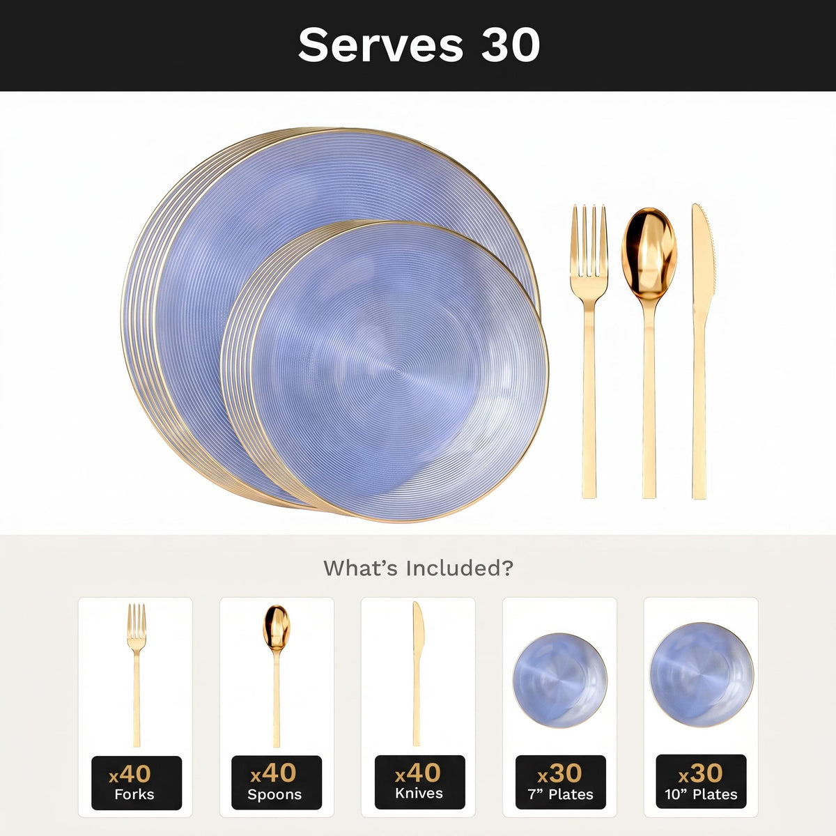 Blue Luster Deluxe Set | Plates & Gold Cutlery | Serves 30