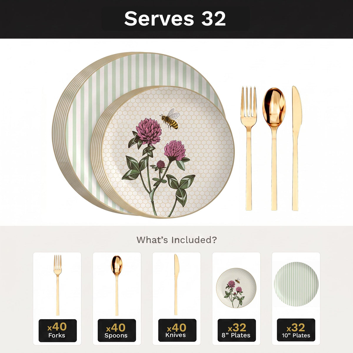 Earthtrends Sweet Life Deluxe Set | Plates & Gold Cutlery | Serves 32