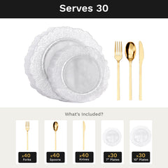 Clear Leaf Deluxe Set | Plates & Gold Cutlery | Serves 30